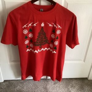 Adult Unisex Gun Christmas Tree Red Tee Size Large